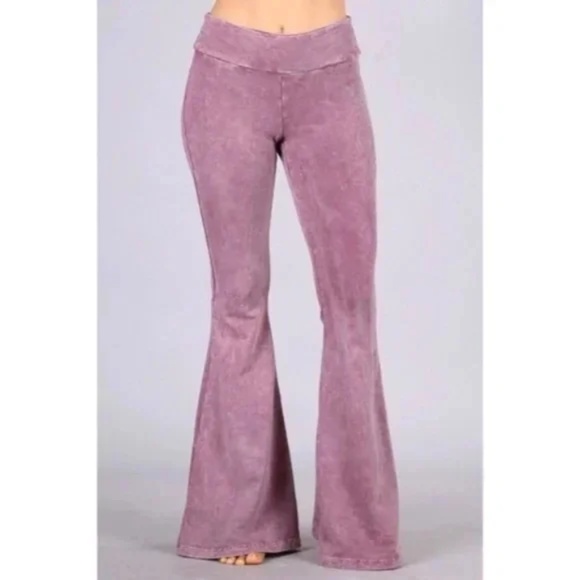 Dusty Rose Mineral Wash French Terry Flared Bell Bottom Pull On Pants w/ Pockets - Picture 2 of 5